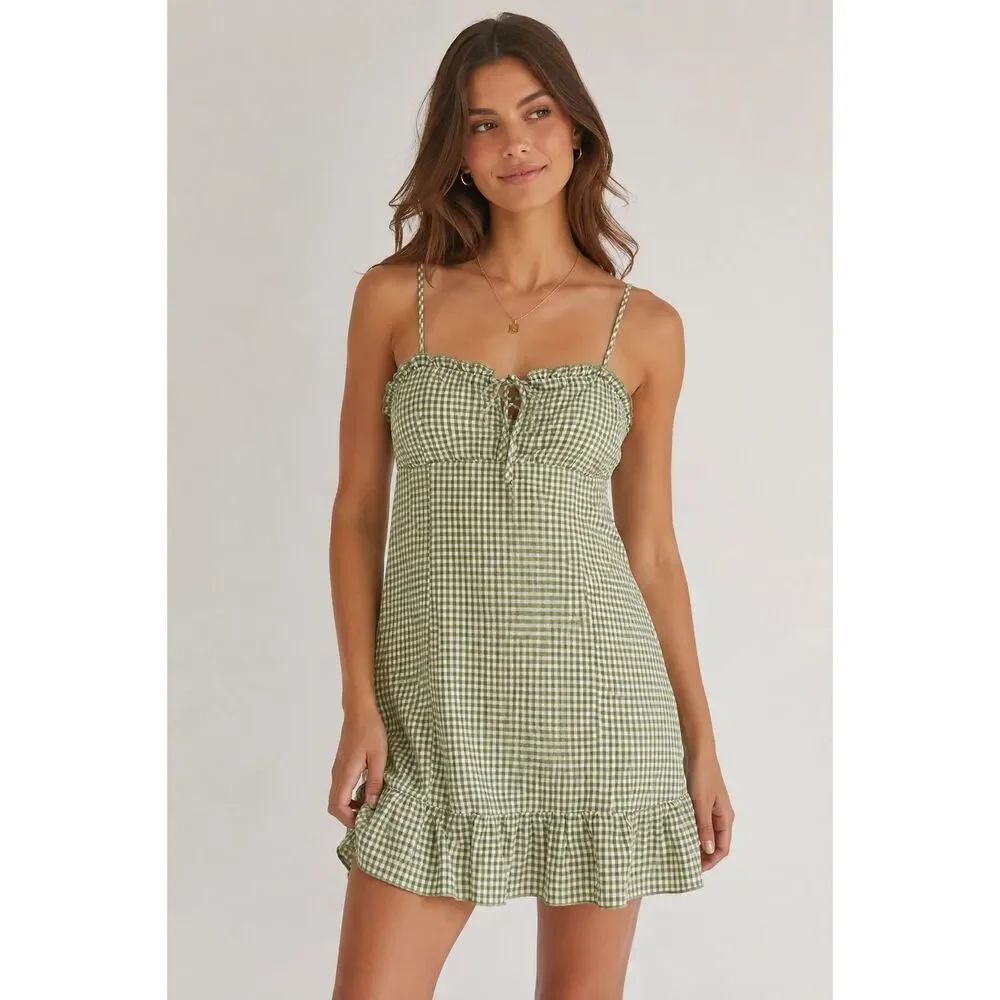 L.A Hearts Green Gingham Mini Dress Cottagecore Ruffle Hem Medium
